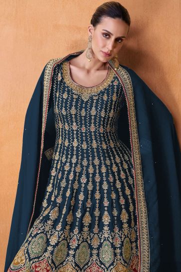 Embroidered Teal Color Palazzo Salwar Kameez In Georgette Fabric