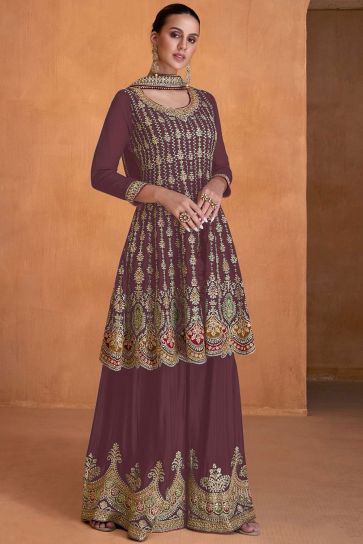 Wine Color Embroidered Palazzo Suit In Georgette Fabric