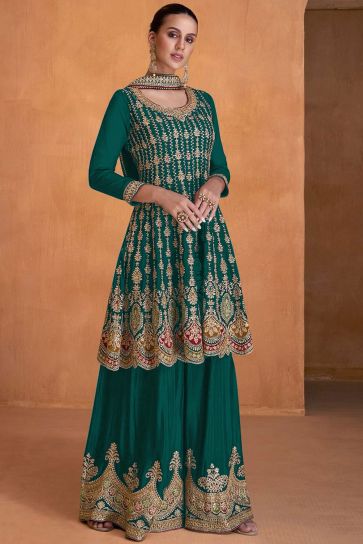 Embroidered Georgette Fabric Palazzo Suit In Dark Green Color