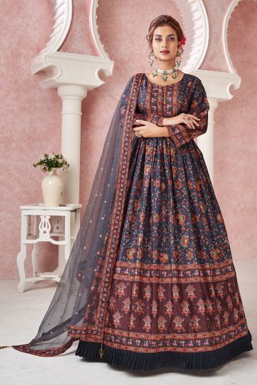 Art Silk Fabric Luminous Gown With Dupatta In Navy Blue Color 