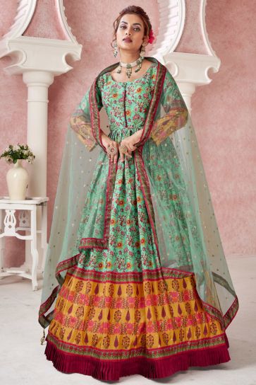 Sea Green Color Captivating Gown With Dupatta In Art Silk Fabric