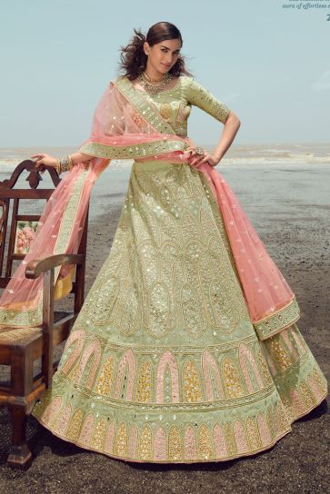 Beguiling Sea Green Color Embroidered Lehenga In Organza Fabric