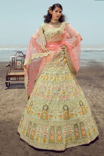 Sea Green Color Georgette Fabric Engrossing Embroidered Lehenga