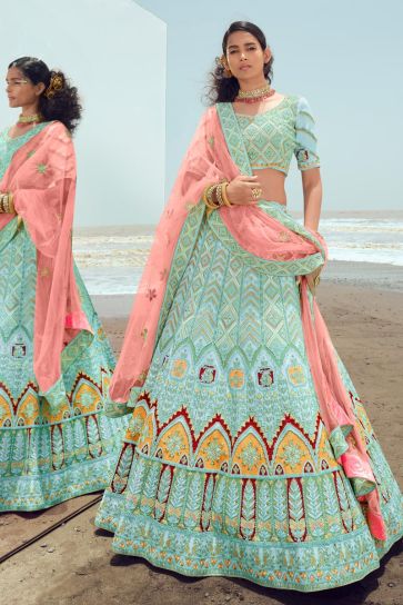 Light Cyan Color Soothing Georgette Fabric Embroidered Lehenga