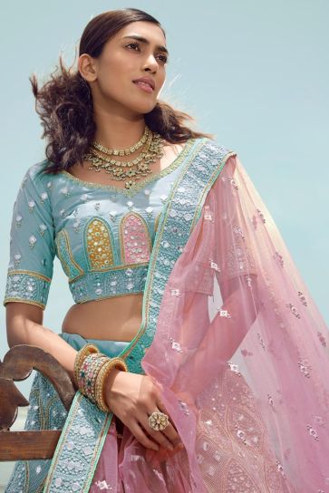 Sky Blue Color Awesome Organza Fabric Embroidered Lehenga