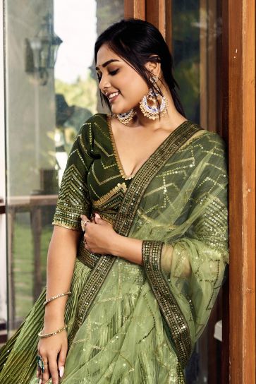 Sangeet look Chinon Fabric Sangeet Special Lehenga in Green Color