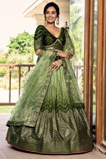 Sangeet look Chinon Fabric Sangeet Special Lehenga in Green Color