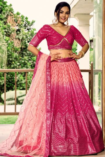 Pink Chinon Fabric Lovely Sangeet Wear Lehenga With Sequins Work