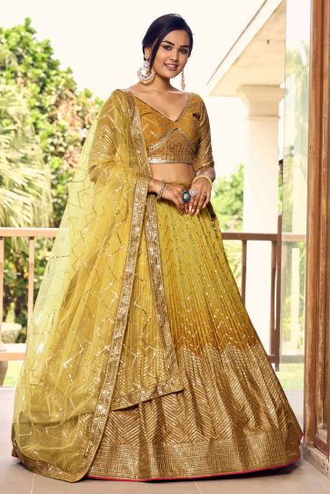 Trendy Yellow Chinon Fabric Sequins Work Lehenga For Sangeet