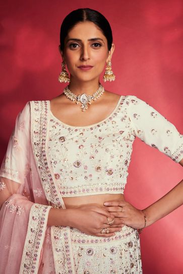 Charming White Color Georgette Fabric Sequins Work Lehenga