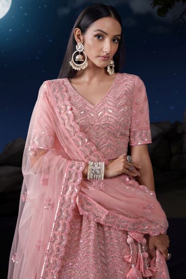 Pink Color Charismatic Wedding Wear Sequins Work Net Fabric Bridal Lehenga