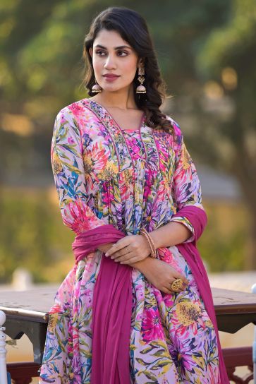 Georgette Fabric Pink Color Patterned Readymade Anarklai Suit With Printed Work