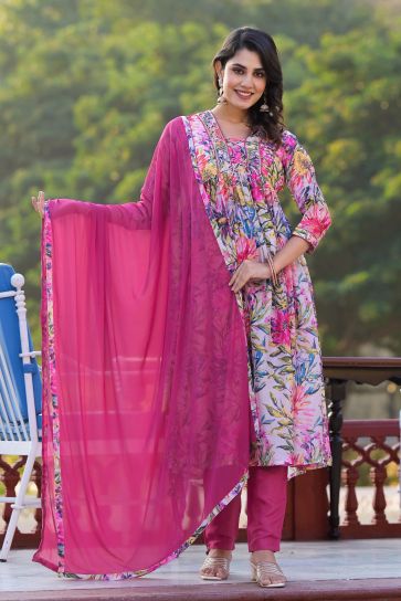Georgette Fabric Pink Color Patterned Readymade Anarklai Suit With Printed Work