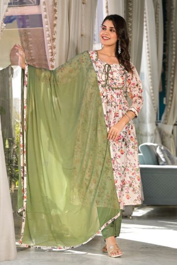 Cream Color Georgette Fabric Coveted Readymade Anarklai Suit With Printed Work