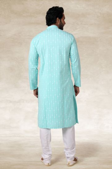 Printed Fancy Cyan Color Cotton Fabric Function Wear Readymade Kurta Pyjama For Men