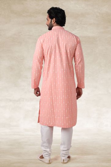 Cotton Fabric Printed Pink Color Festive Wear Readymade Men Stylish Kurta Pyjama