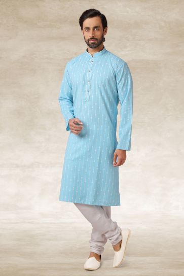Sky Blue Cotton Fabric Printed Sangeet Wear Trendy Readymade Kurta Pyjama For Men