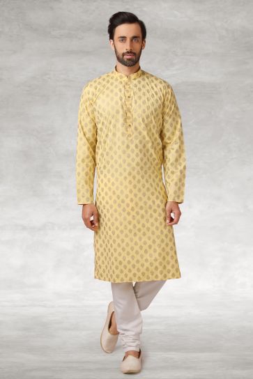 Cotton Yellow Color Wedding Wear Printed Readymade Designer Men Kurta Pyjama