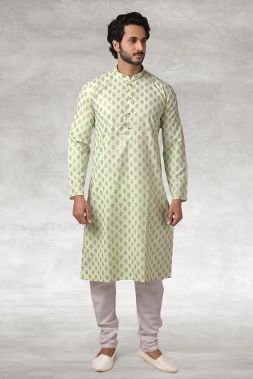 Gorgeous Printed Cotton Fabric Reception Wear Sea Green Color Readymade Kurta Pyjama For Men