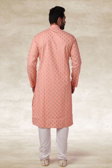 Stunning Printed Pink Color Function Wear Readymade Men Kurta Pyjama