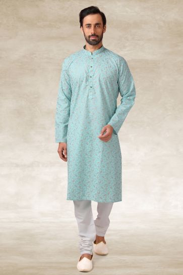 Cyan Color Cotton Fabric Festive Wear Lovely Printed Readymade Kurta Pyjama For Men