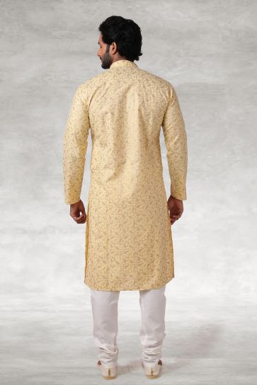 Printed Pretty Cotton Fabric Sangeet Wear Readymade Men Kurta Pyjama In Yellow Color