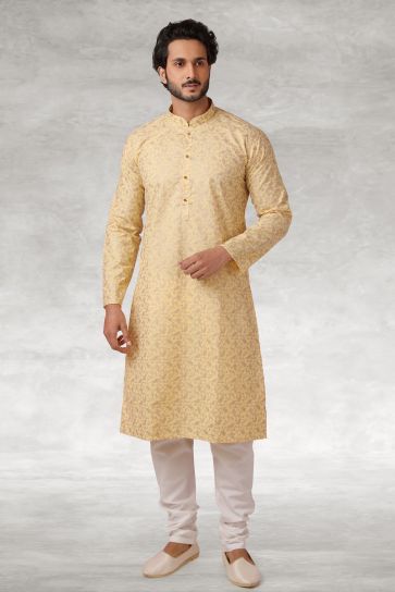 Printed Pretty Cotton Fabric Sangeet Wear Readymade Men Kurta Pyjama In Yellow Color