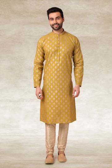 Reception Wear Attractive Printed Readymade Men Kurta Pyjama In Mustard Color
