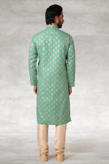Sea Green Color Cotton Fabric Festive Wear Glamorous Printed Readymade Kurta Pyjama For Men