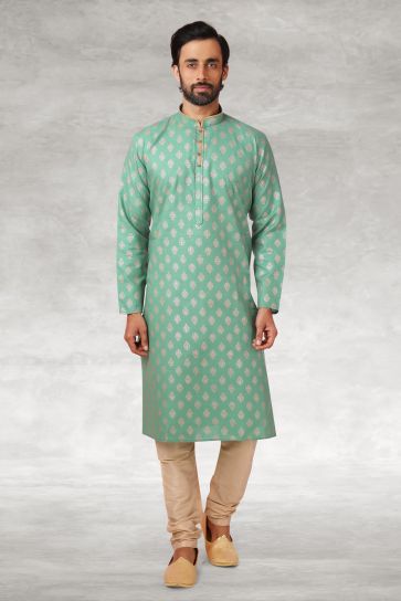 Sea Green Color Cotton Fabric Festive Wear Glamorous Printed Readymade Kurta Pyjama For Men