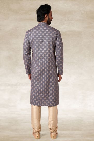Printed Grey Cotton Graceful Readymade Men Kurta Pyjama For Festive Wear