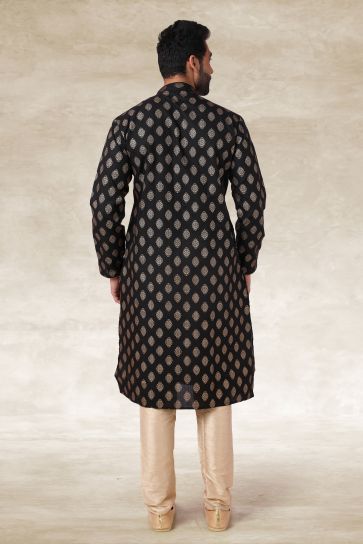 Printed Black Color Reception Wear Readymade Cotton Fabric Kurta Pyjama For Men