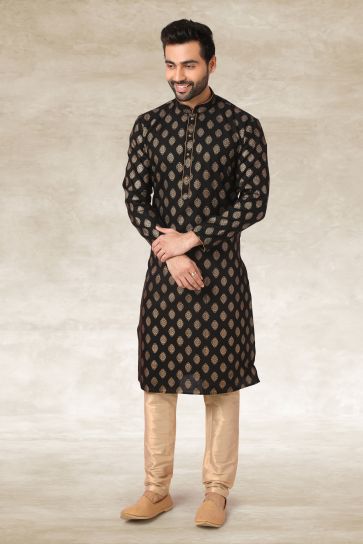 Printed Black Color Reception Wear Readymade Cotton Fabric Kurta Pyjama For Men