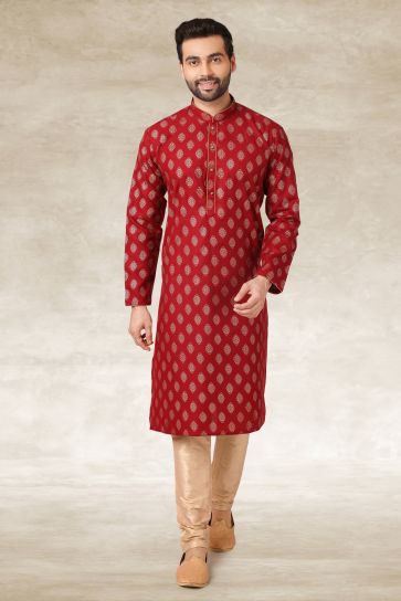 Cotton Fabric Printed Function Wear Readymade Maroon Color Kurta Pyjama For Men