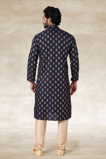 Festive Wear Printed Readymade Kurta Pyjama For Men In Navy Blue Cotton Fabric