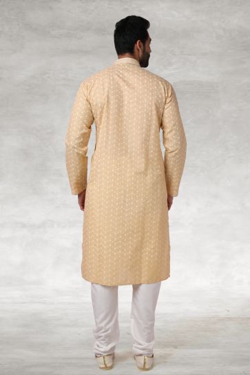 Printed Sangeet Wear Readymade Kurta Pyjama For Men In Cotton Beige Color