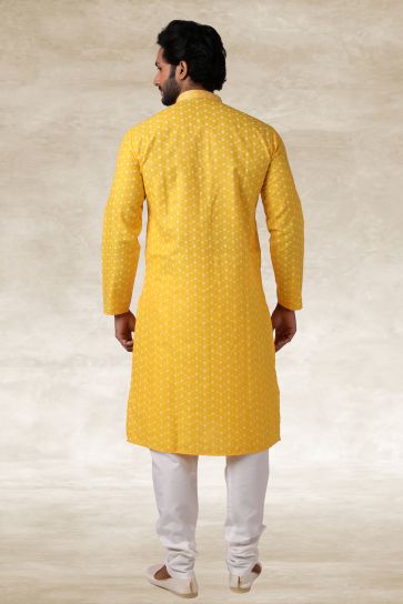 Yellow Color Printed Cotton Fabric Function Wear Fancy Readymade Kurta Pyjama For Men