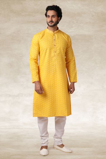 Yellow Color Printed Cotton Fabric Function Wear Fancy Readymade Kurta Pyjama For Men