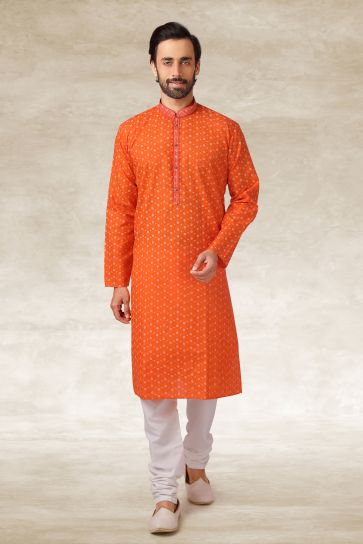 Cotton Fabric Orange Color Printed Festive Wear Trendy Readymade Men Kurta Pyjama