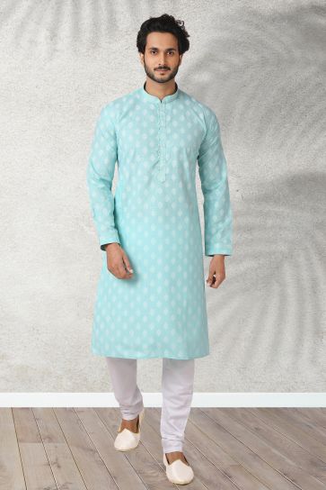 Light Cyan Color Sangeet Wear Cotton Fabric Printed Designer Readymade Kurta Pyjama For Men