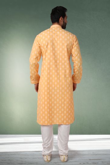 Printed Appealing Peach Color Cotton Fabric Function Wear Readymade Kurta Pyjama For Men