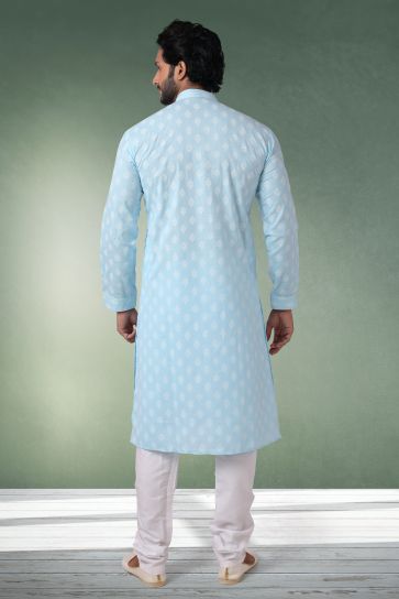 Sky Blue Color Printed Engaging Cotton Fabric Festive Wear Readymade Kurta Pyjama For Men