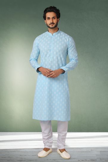 Sky Blue Color Printed Engaging Cotton Fabric Festive Wear Readymade Kurta Pyjama For Men