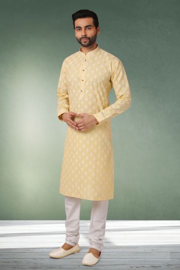 Beige Color Cotton Fabric Printed Festive Wear Captivating Readymade Kurta Pyjama For Men