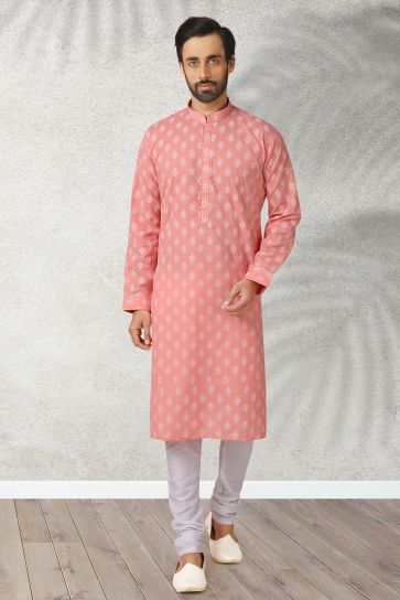 Fetching Pink Cotton Fabric Sangeet Wear Printed Readymade Kurta Pyjama For Men