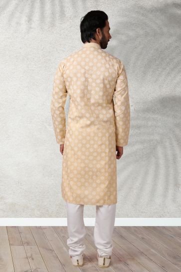 Printed Beige Color Gorgeous Cotton Wedding Wear Readymade Kurta Pyjama For Men