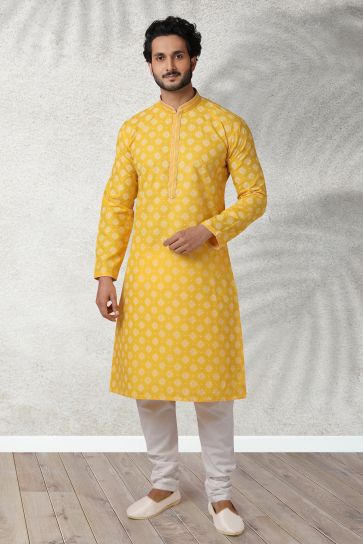 Yellow Color Printed Cotton Fabric Reception Wear Striking Readymade Kurta Pyjama For Men