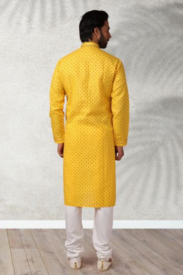 Lovely Yellow Color Festive Wear Printed Readymade Kurta Pyjama For Men