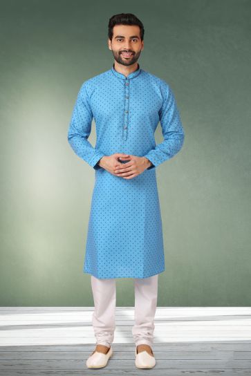 Printed Blue Color Sangeet Wear Pretty Readymade Kurta Pyjama For Men In Cotton Fabric