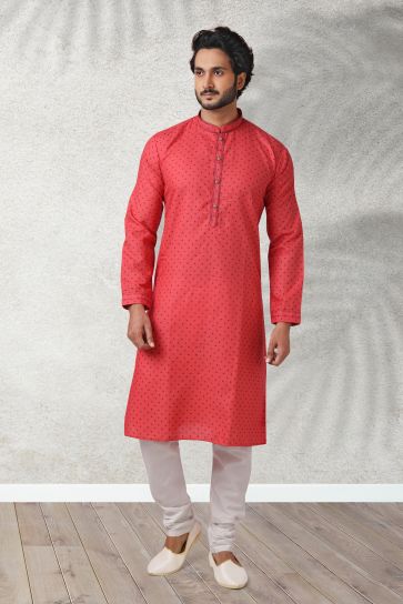 Beautiful Printed Cotton Fabric Wedding Wear Readymade Kurta Pyjama For Men In Rani Color